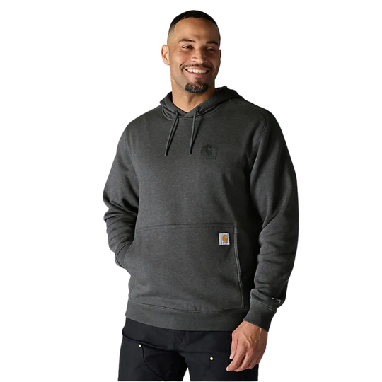 Man wearing a dark gray hoodie with a visible brand logo on a white background