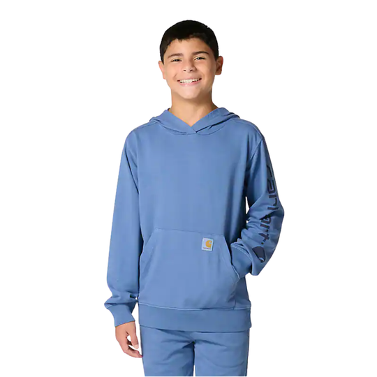 Child wearing a blue hoodie with a visible brand logo on a white background