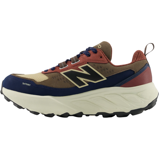 Brown, navy, and rust trail running shoe with thick white sole and visible side logo