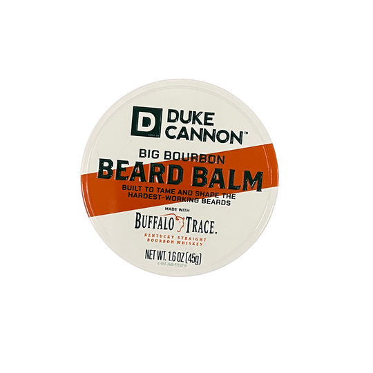 Round white tin of beard balm with an orange diagonal band and black text