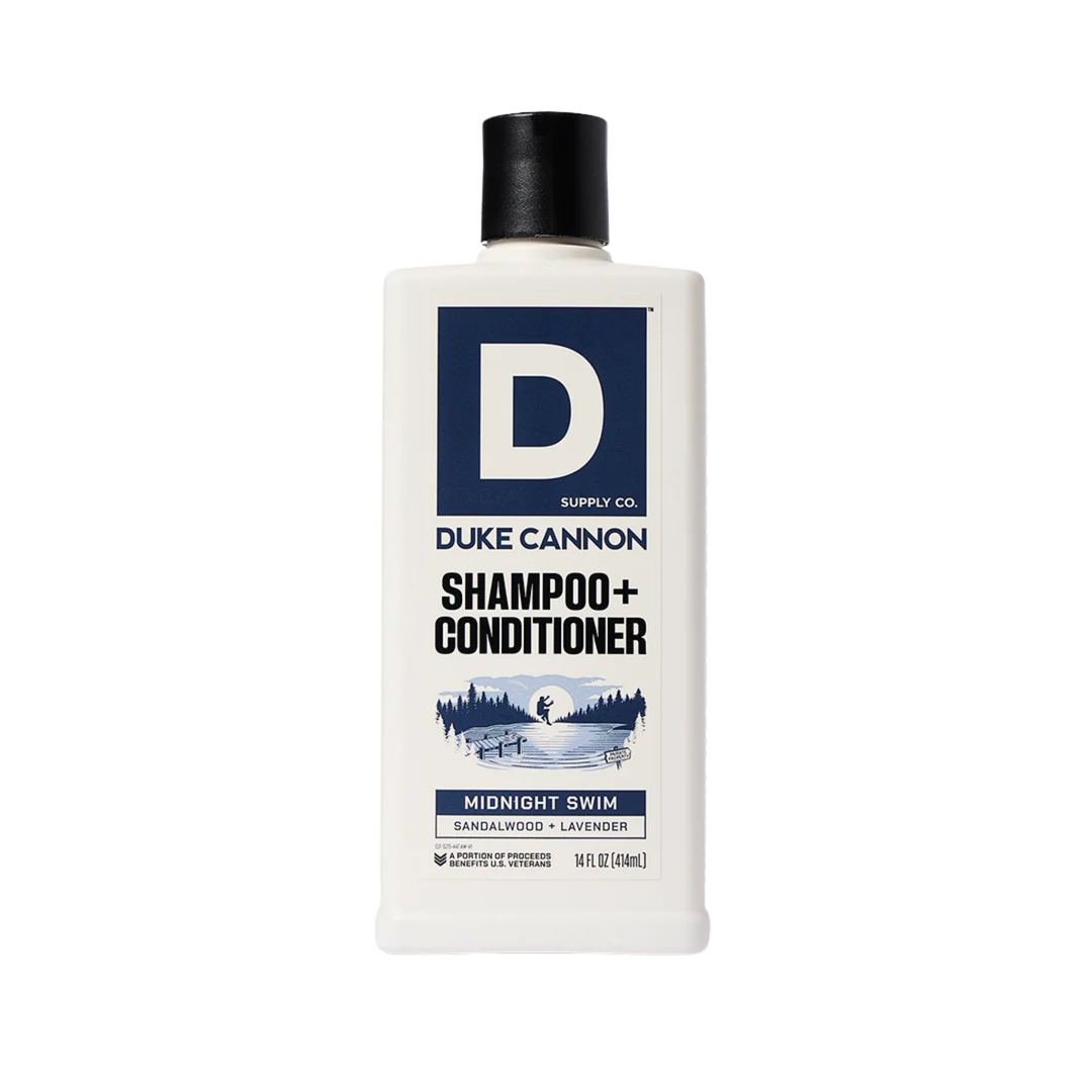 White shampoo and conditioner bottle with black cap and blue label reading Shampoo+ Conditioner