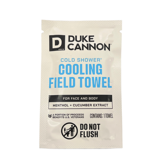 White single-use cooling field towel packet with blue and black text, marked for face and body