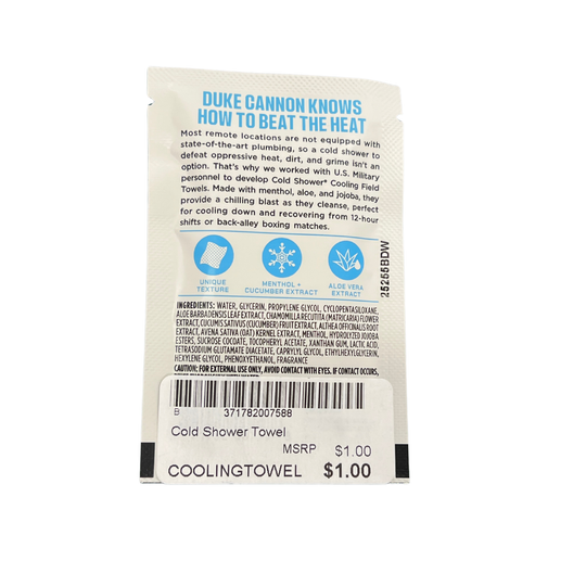 Back of a white cooling towel pouch with blue icons, ingredients text, barcode, and price sticker.