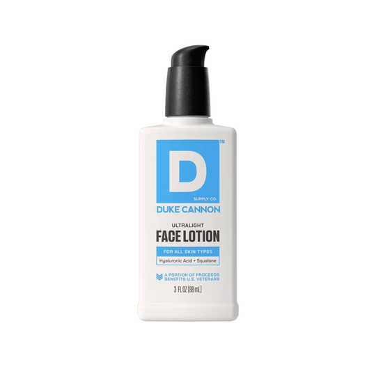 White pump bottle labeled Ultralight Face Lotion with a blue D logo