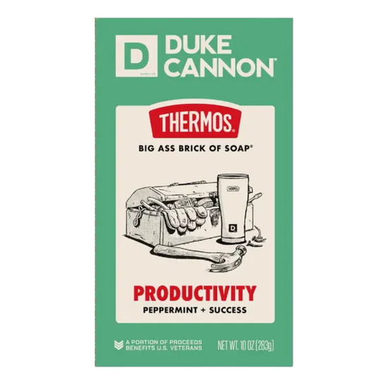 Soap packaging with a green border, THERMOS. label, and PRODUCTIVITY text