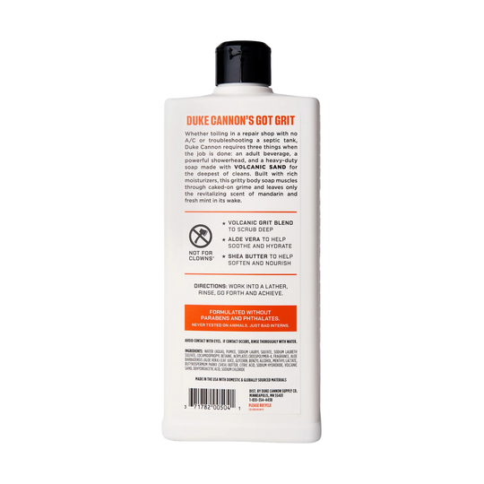 White plastic bottle with black cap and orange-and-black label text on a white background