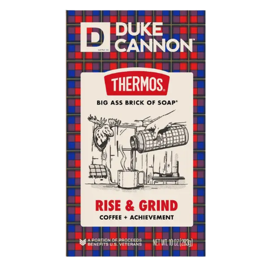 Soap box with plaid border, Thermos logo, and Rise & Grind Coffee + Achievement text