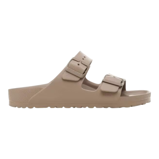 Beige sandal with double buckle strap on a white background