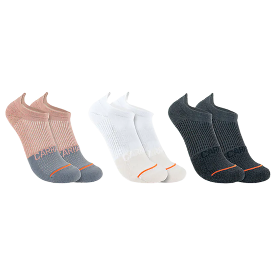 three pairs of socks of different colors on a white background
