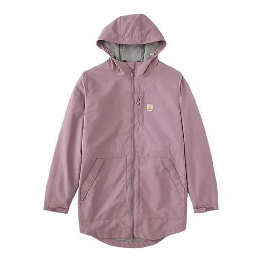 Dusty pink hooded zip-up rain coat with front pockets and a small chest logo patch