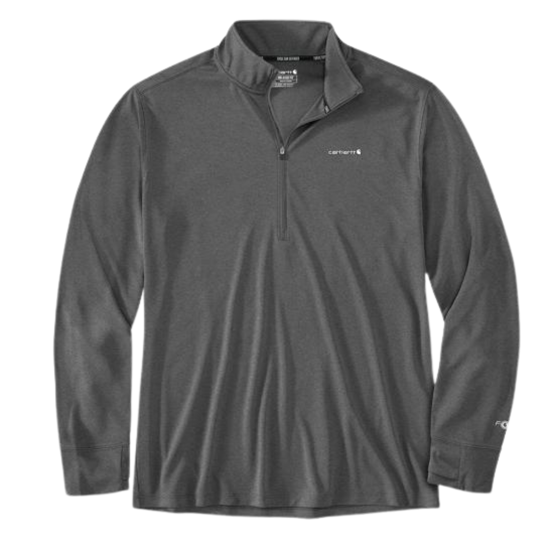 Gray long-sleeve pullover with a brand logo on a white background