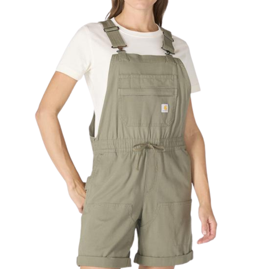 Person wearing a pair of green overalls on a white background