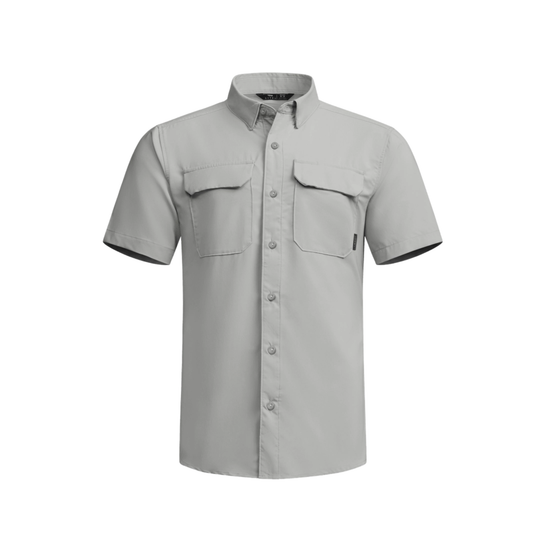 grey button up short sleeve on white background