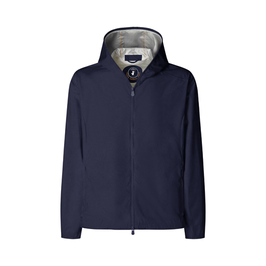 Navy blue raincoat with a hood on a light beige background
