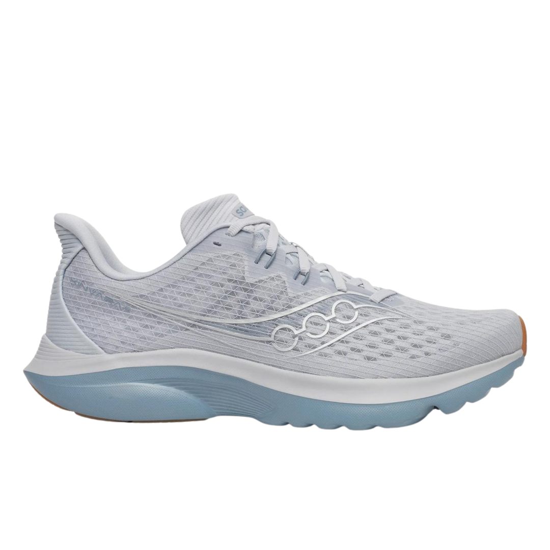 grey running shoe with blue sole on a white background