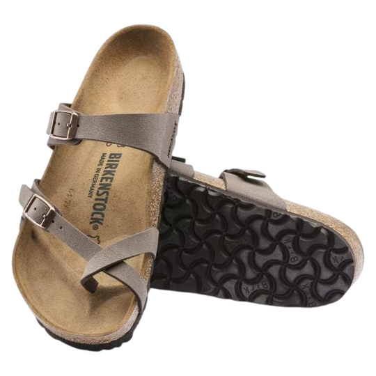 Taupe double-strap sandal with metal buckles and cork footbed, shown top and sole views