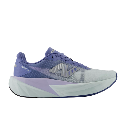 Purple and gray running shoe with a thick cushioned sole and New Balance logo.