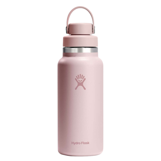 Pink insulated water bottle with a handle lid and Hydro Flask logo