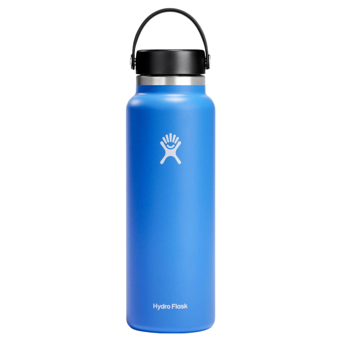 Blue insulated water bottle with black screw-on lid, carry loop, and Hydro Flask logo