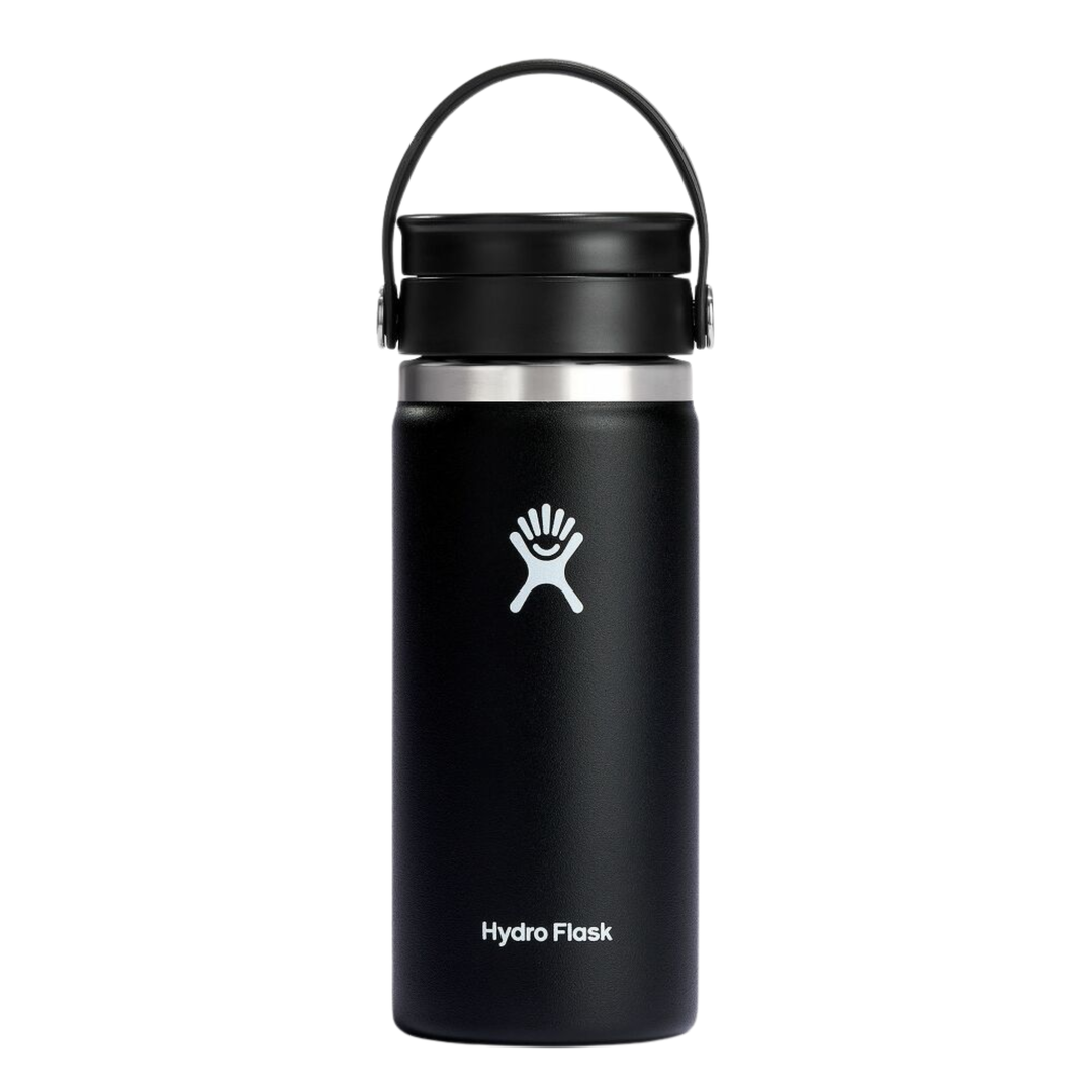 Black insulated water bottle with carry handle and white logo