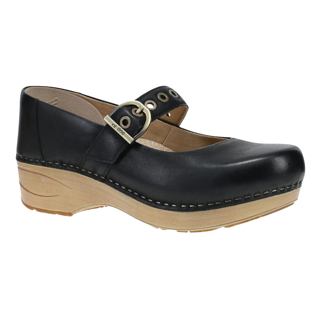 Black leather clog shoe with wooden sole on a white background