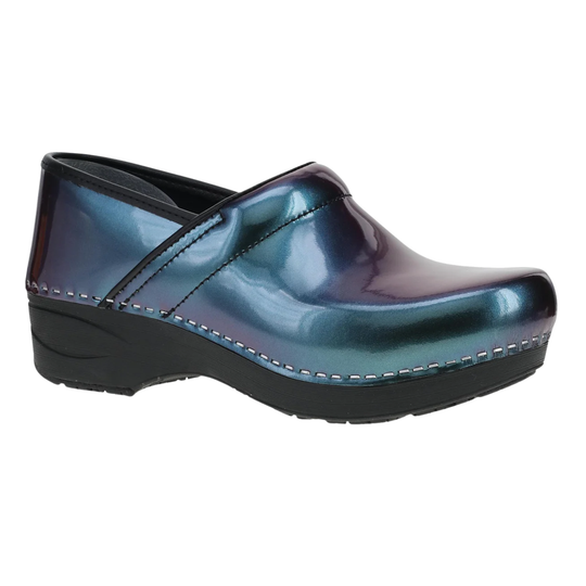 Shiny blue clog shoe on a white background