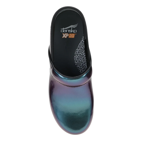 Black iridescent clog with open back and cushioned footbed, showing Dansko XP 2.0 branding