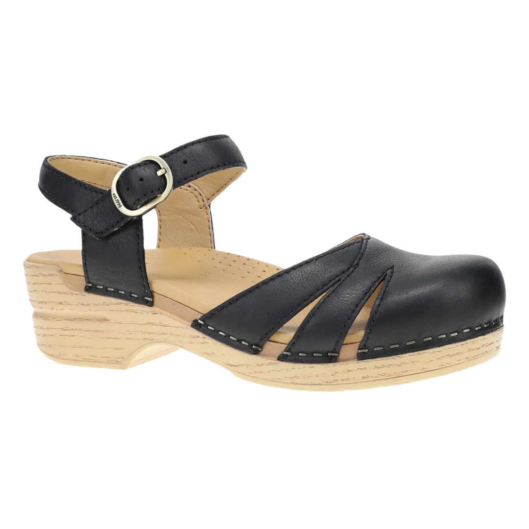 Black clog sandal with wooden sole on a white background