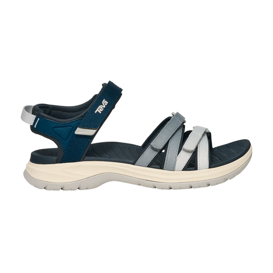 Blue and gray sandal with white sole on a white background