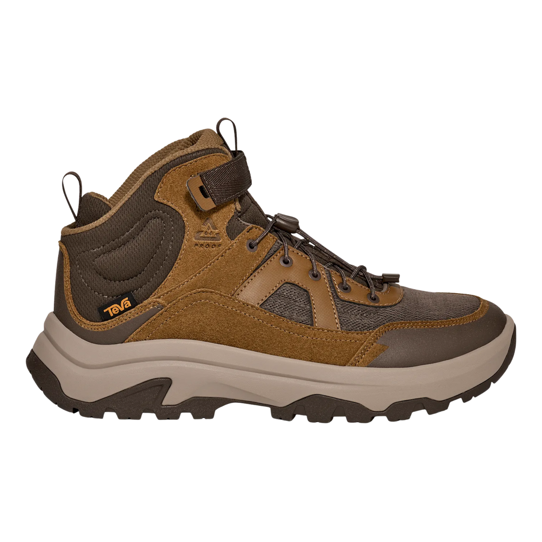 Brown and beige hiking boot on a white background