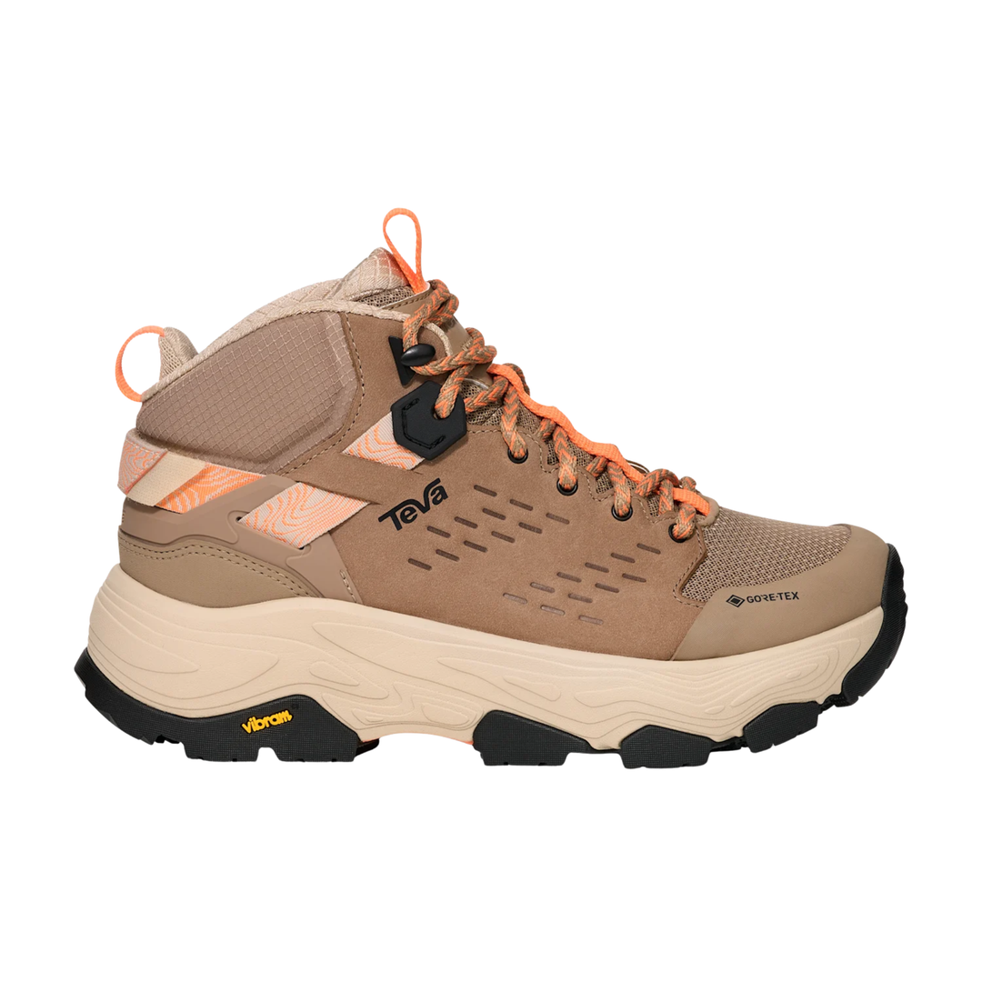Brown hiking shoe with orange accents on a white background