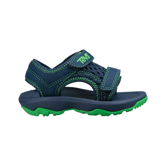 Navy and green toddler sandal with hook-and-loop straps and a thick treaded sole