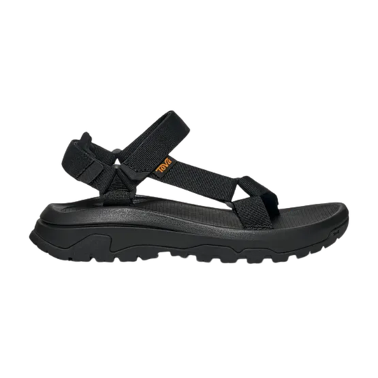 Black sandal with multiple straps on a white background