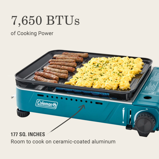 Blue portable tabletop grill with griddle top cooking sausages and scrambled eggs