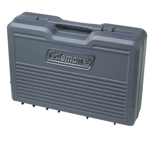 Gray hard-shell carrying case with a molded handle and raised Coleman logo on the front