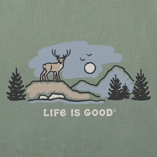 Moss green T-shirt with a deer, mountains, trees, and the text "Life Is Good"