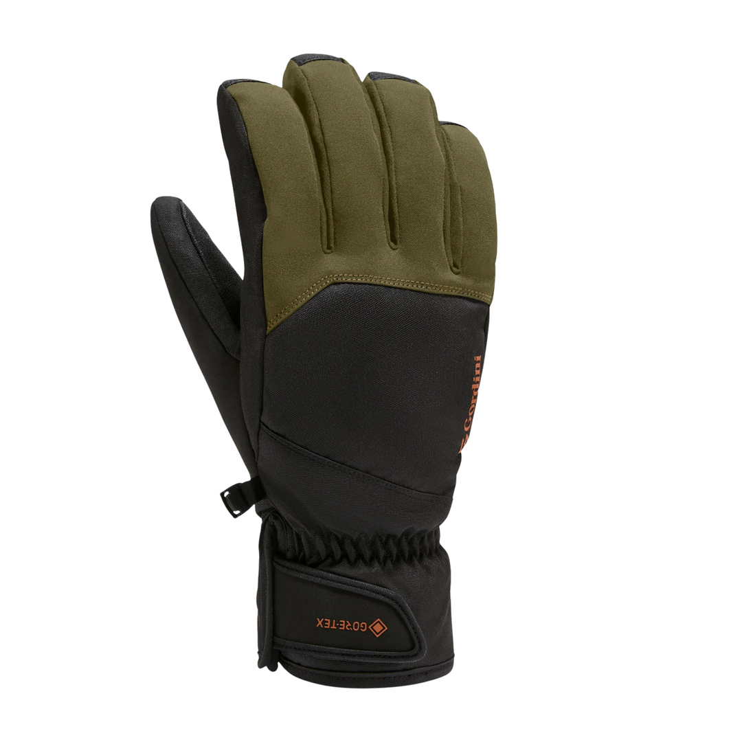 Green and black glove with orange letters saying gore tex and Gordini