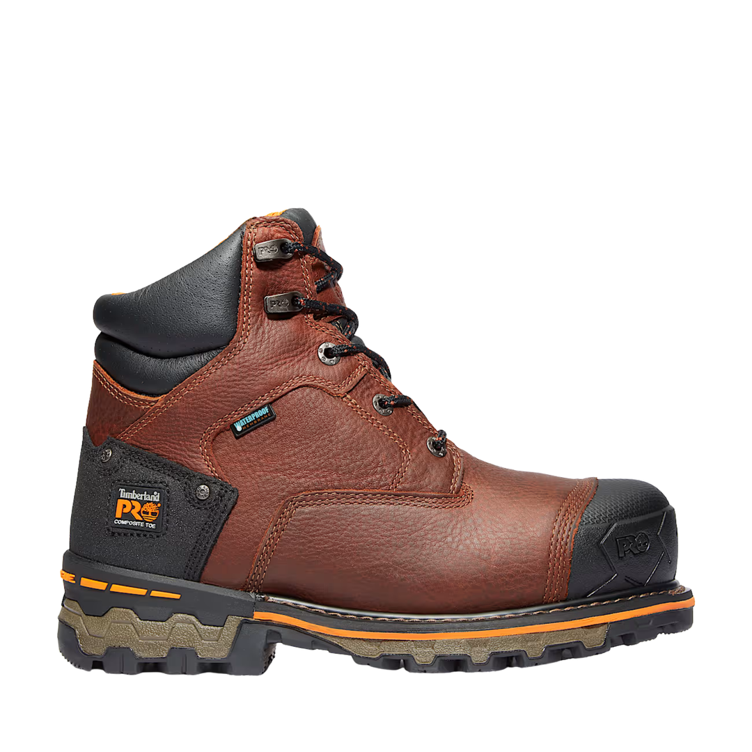 Brown work boot with black and orange accents on a white background