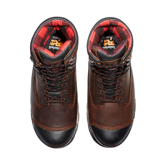 top view of brown leather work boots with black and red laces