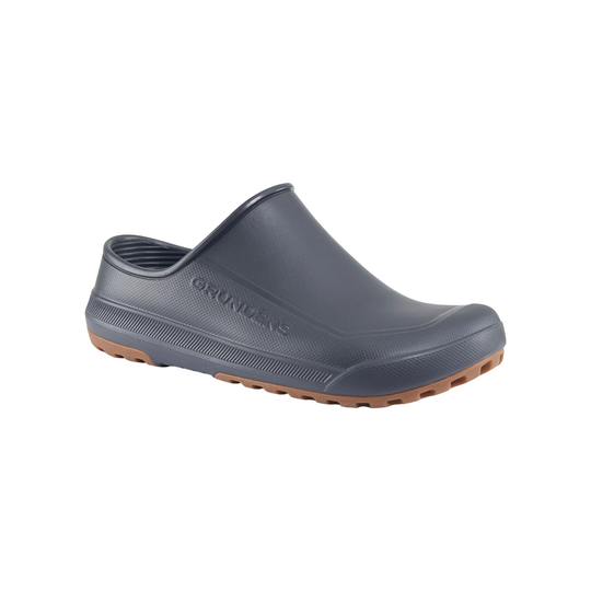 Gray rubber clog shoe with brown sole on a white background