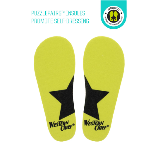 Pair of yellow insoles with black stars and Western Chief logos on a white background