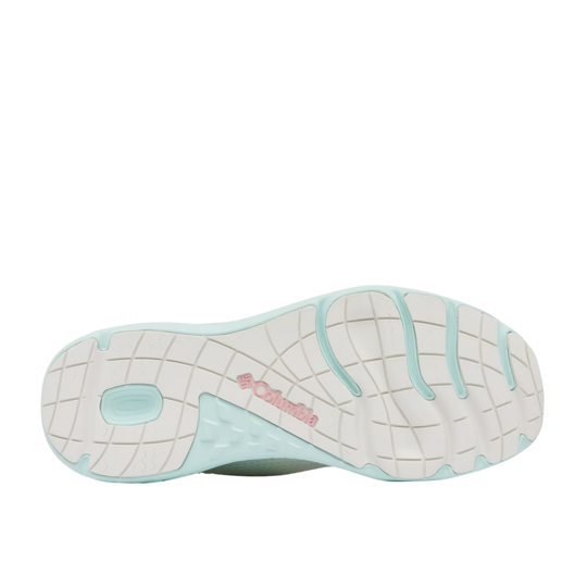 White shoe outsole with mint green traction accents and Columbia branding