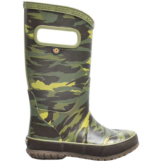 Camouflage-patterned knee-high rain boot with pull tab, oval side opening, and BOGS branding