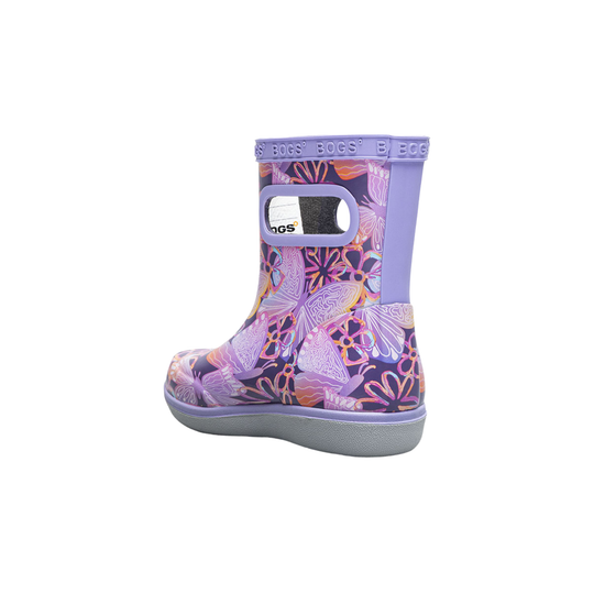 Purple toddler rain boot with butterfly print and a pull handle opening