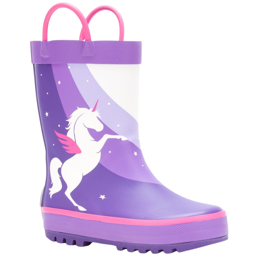 Purple rain boot with a unicorn design on a white background