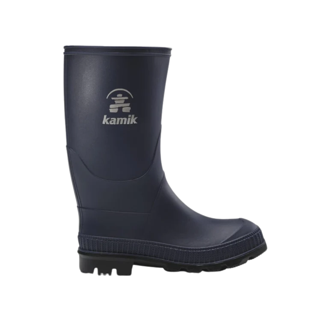 Dark rubber rain boot with a lug sole and Kamik logo