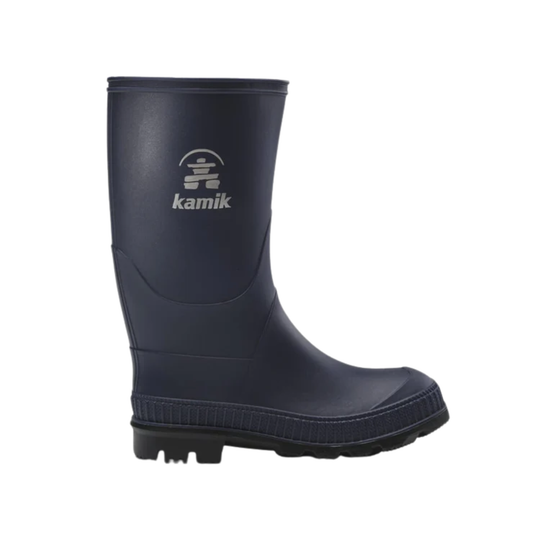 Dark rubber rain boot with a lug sole and Kamik logo