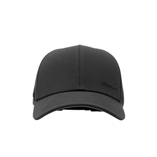 Black baseball cap with curved brim and raised logo on the front