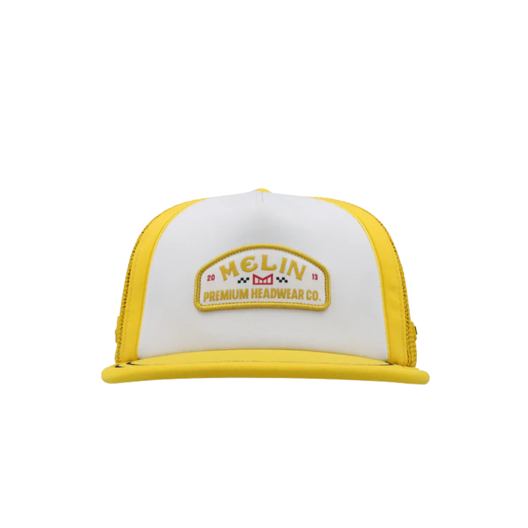 White and yellow trucker cap with a front patch reading "MELIN" and "PREMIUM HEADWEAR CO."