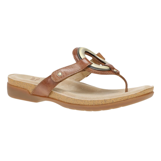 Brown leather thong sandal with a large metal ring accent and cork-look wedge sole, side view